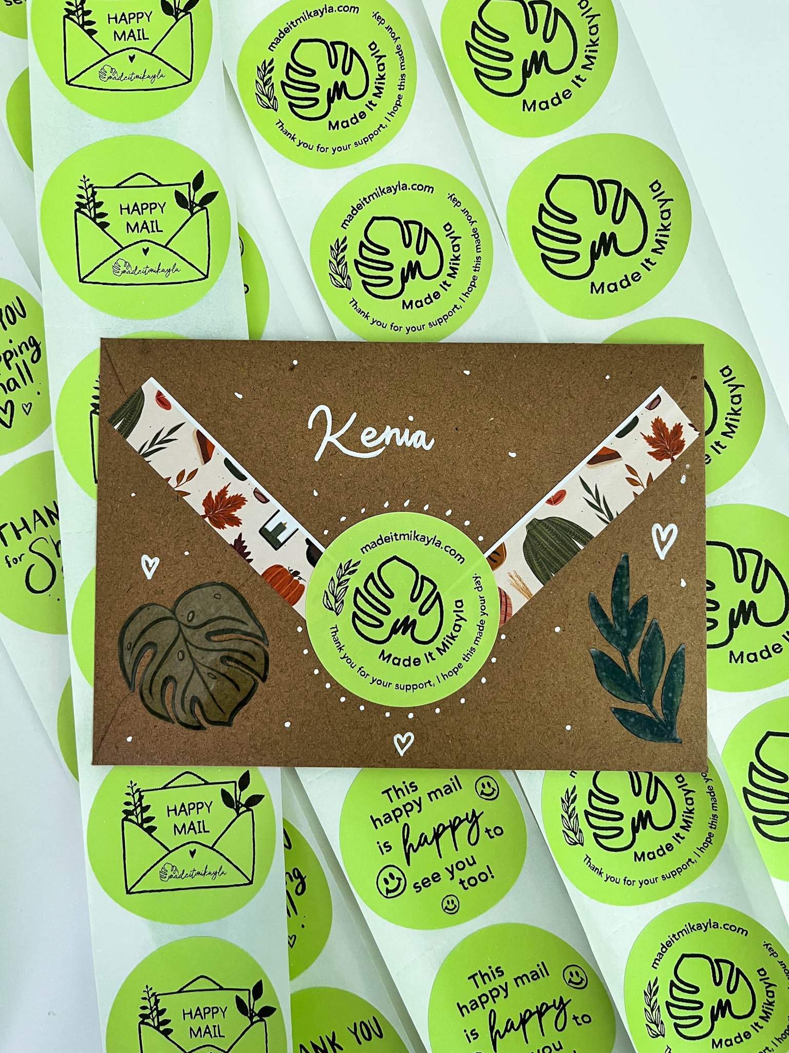 Green Circle Packaging Stickers on Kraft Envelope | MadeItMikayla