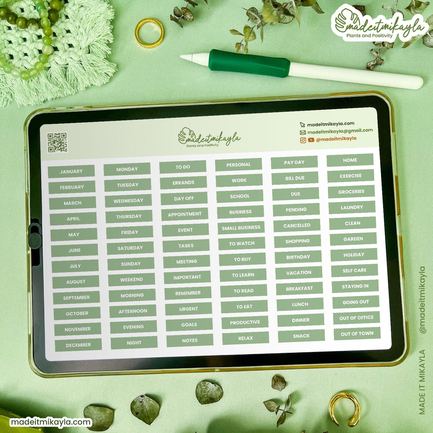 Green Simple Daily Digital Stickers | MadeItMikayla