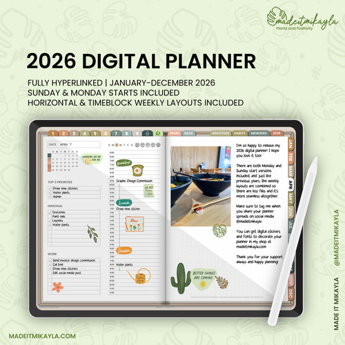 2026 digital planner with horizontal and timeblock weekly layouts, Sunday and Monday starts, fully hyperlinked for 2026 on a light green background.