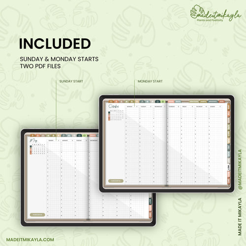 Two planner pages with calendar layout on a light green background, showcasing Sunday and Monday starts,