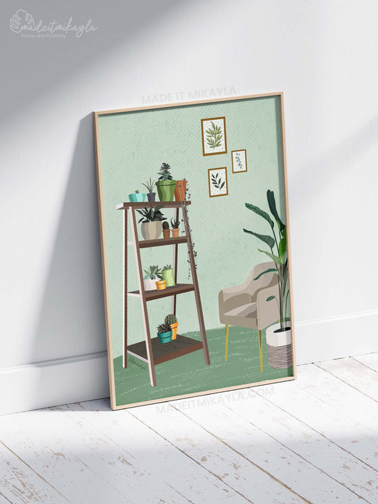 Green Planter's Corner Plant Shelves Art Print | MadeItMikayla