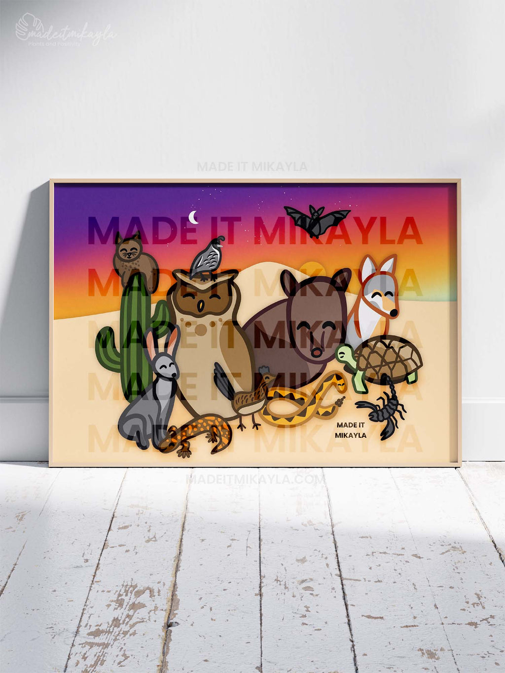 Art Print featuring desert animals: javelina, bobcat, owl, quail, jackrabbit, gila monster, roadrunner, tortoise, coyote, bat, scorpion, snake. Sunset background with a cactus.