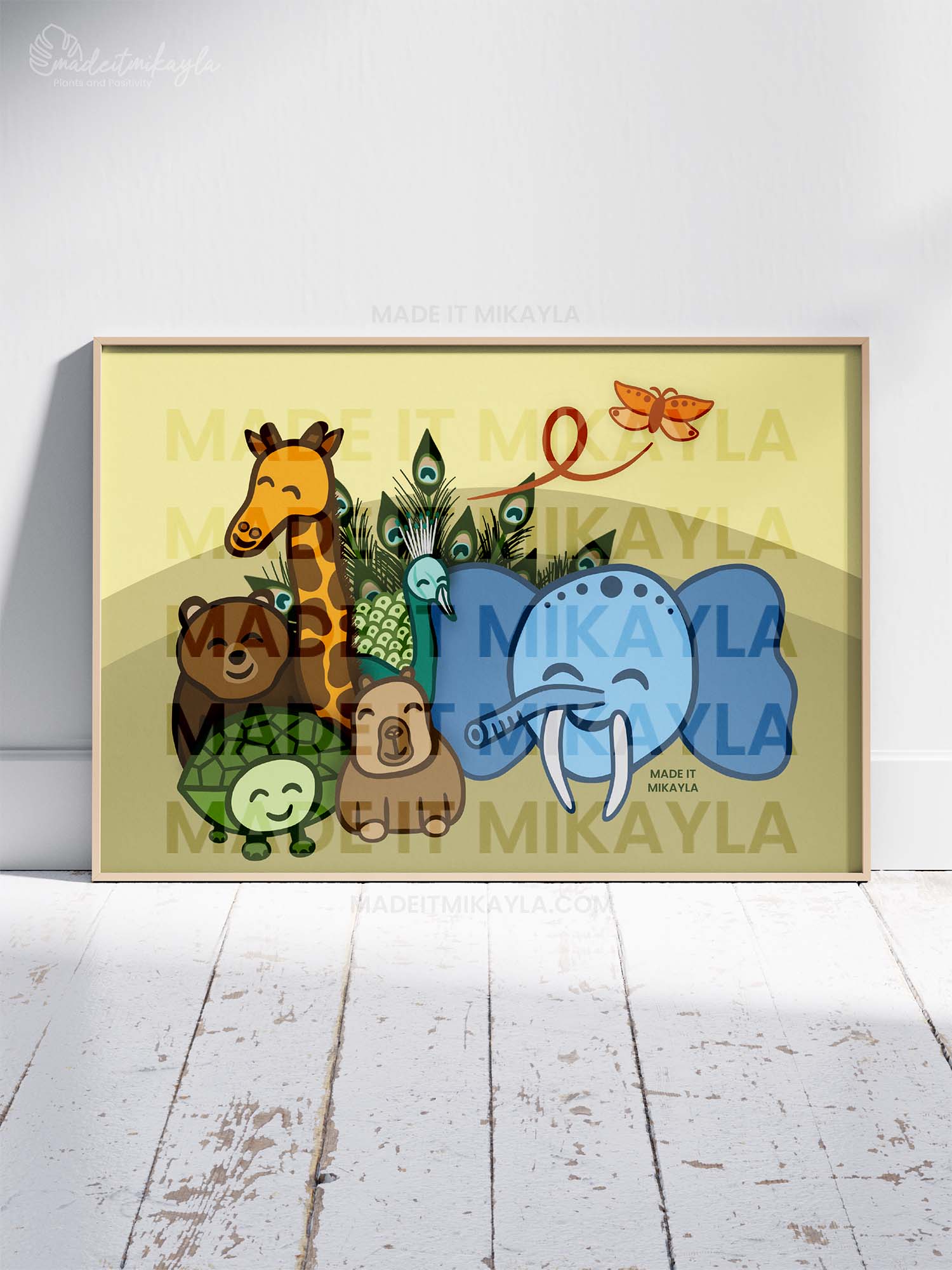 Art Print featuring Tucson zoo animals: elephant, giraffe, capybara, bear, tortoise, peacock, butterfly