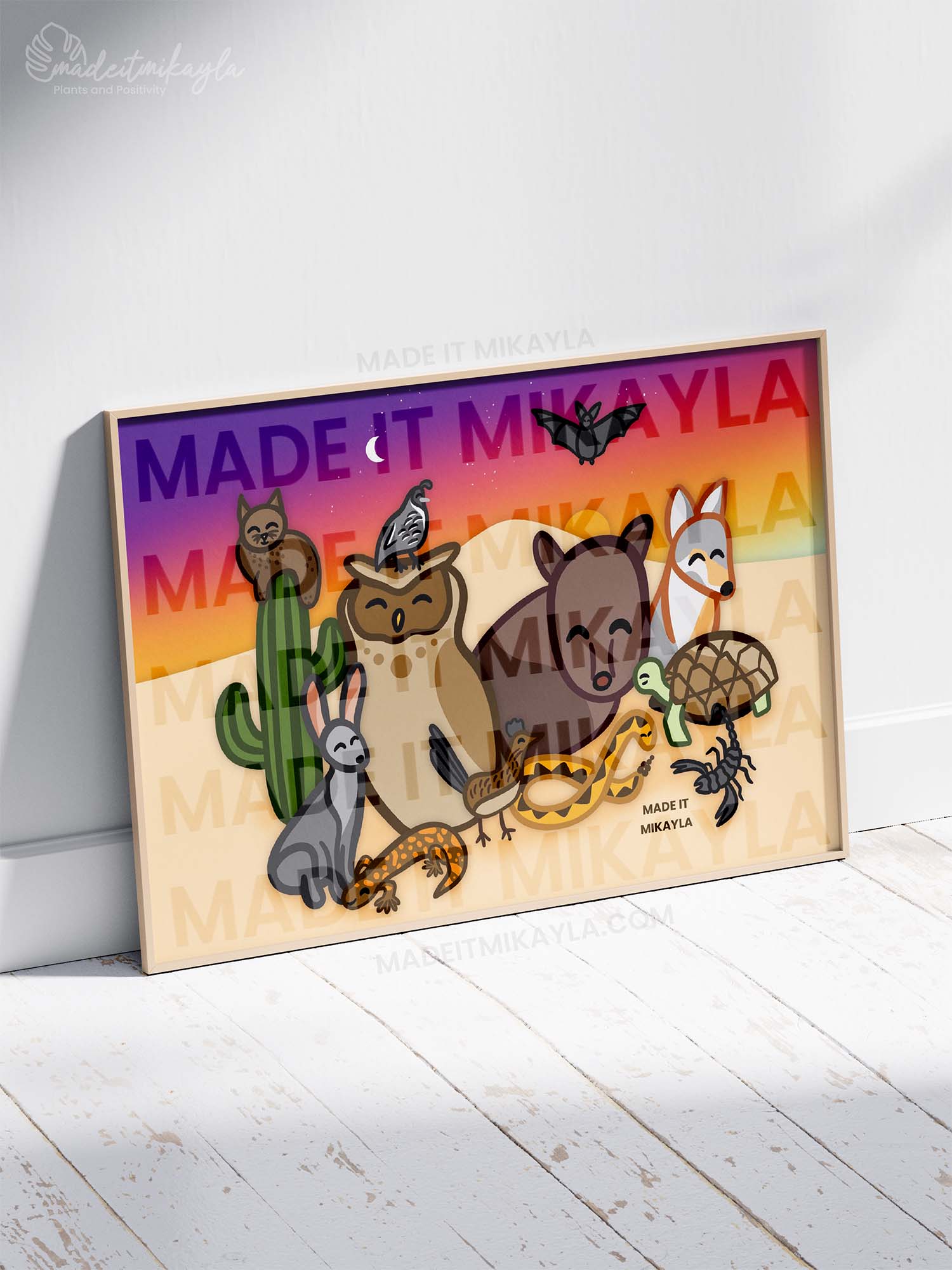 Art Print featuring desert animals: javelina, bobcat, owl, quail, jackrabbit, gila monster, roadrunner, tortoise, coyote, bat, scorpion, snake. Sunset background with a cactus.