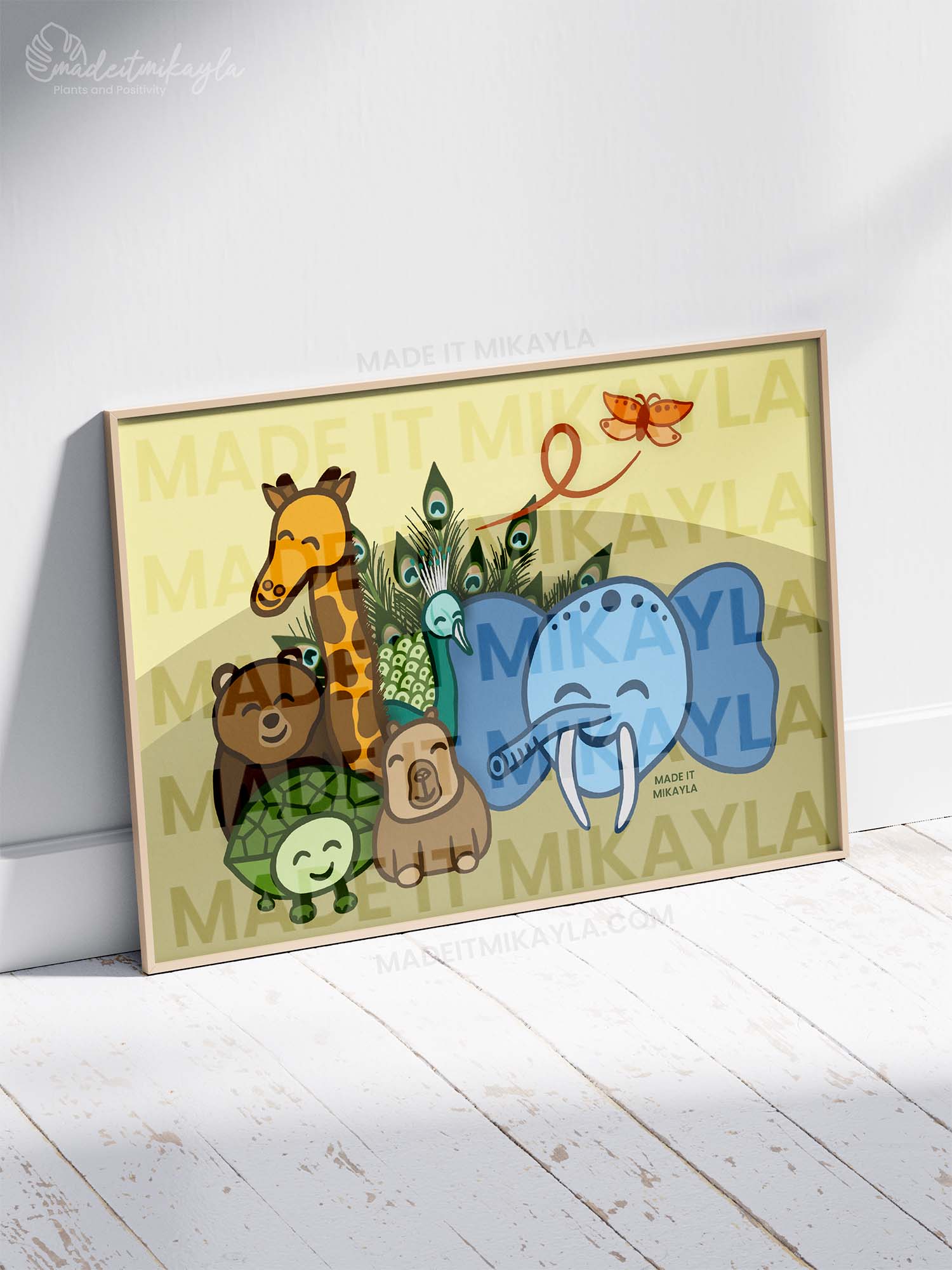Art Print featuring Tucson zoo animals: elephant, giraffe, capybara, bear, tortoise, peacock, butterfly