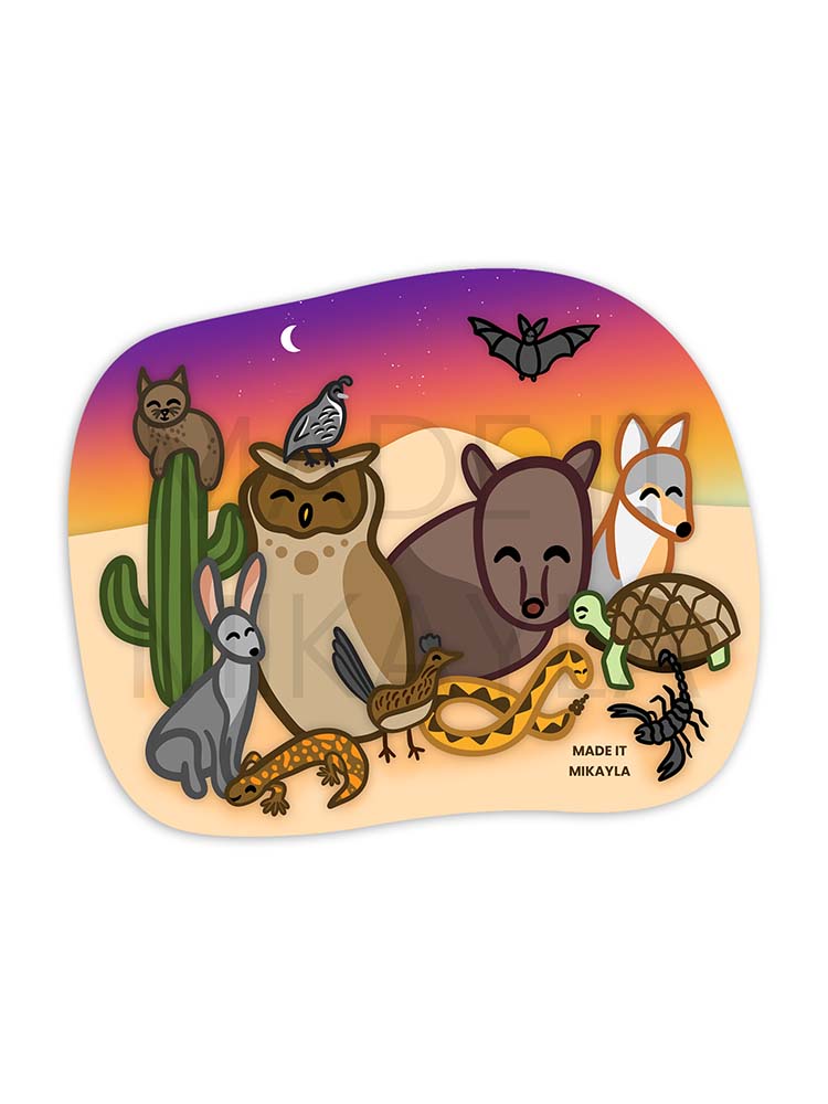 Sticker featuring desert animals: javelina, bobcat, owl, quail, jackrabbit, gila monster, roadrunner, tortoise, coyote, bat, scorpion, snake. Sunset background with a cactus.