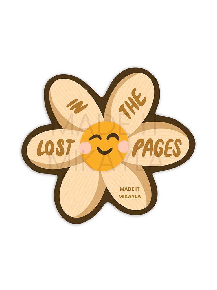 Sticker featuring a cute flower with page texture, with text 'lost in the pages' on the petals.