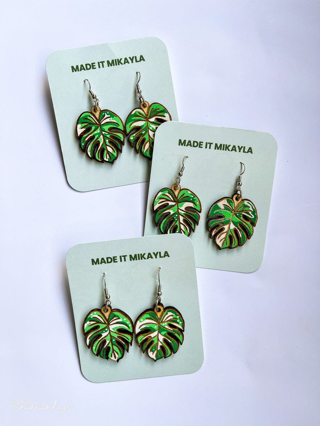 Three pairs of green and white Variegated Monstera Leaf Earrings