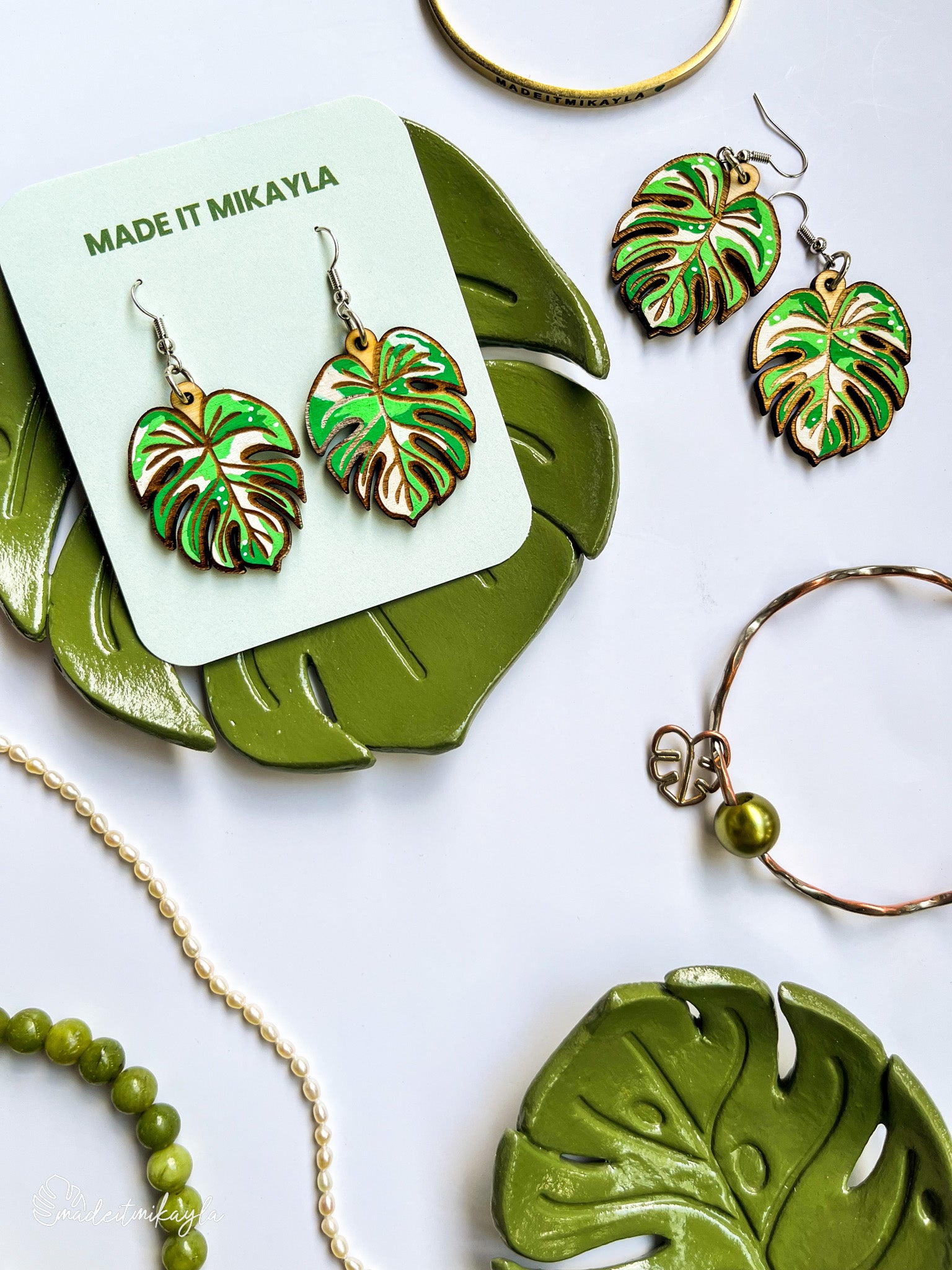 Variegated Monstera Leaf Earrings