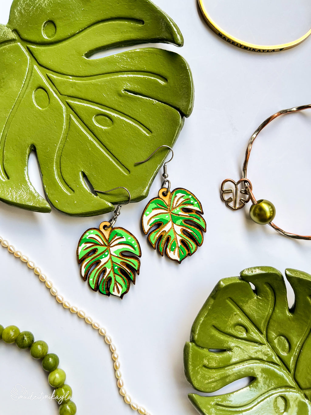 Variegated Monstera Leaf Earrings