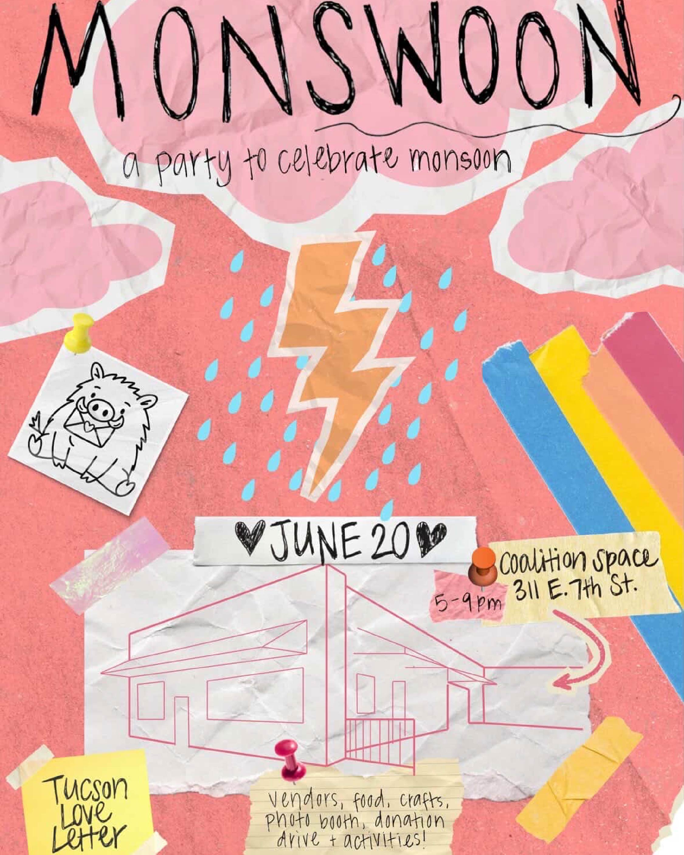 Promotional poster for a monsoon celebration event with colorful graphics and text in junk journal style.