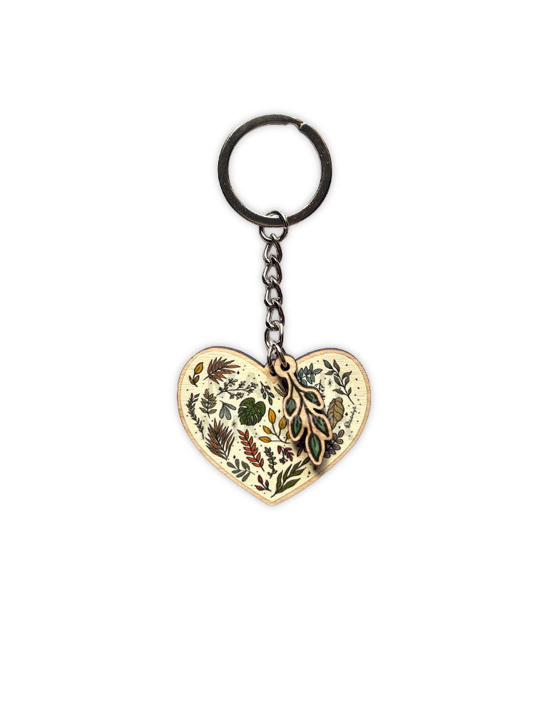 Foliage Heart Wooden Keychain