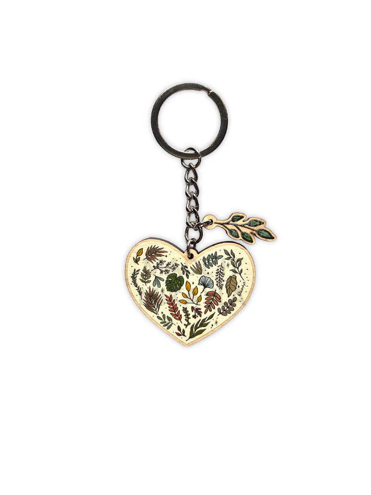 Foliage Heart Wooden Keychain