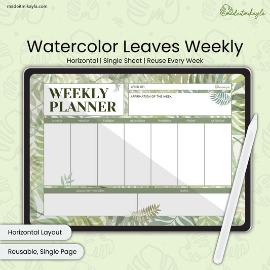 Watercolor Leaves Weekly Digital Planner | MadeItMikayla