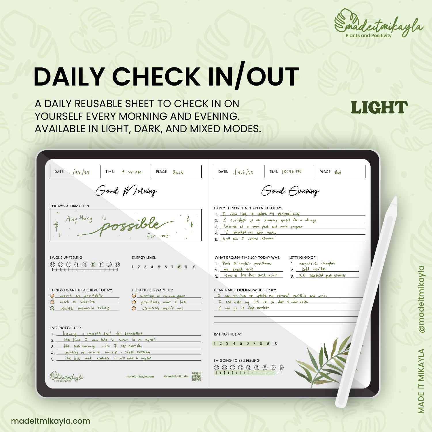 Daily Check In/Out (Light Mode) Digital Sheet | MadeItMikayla