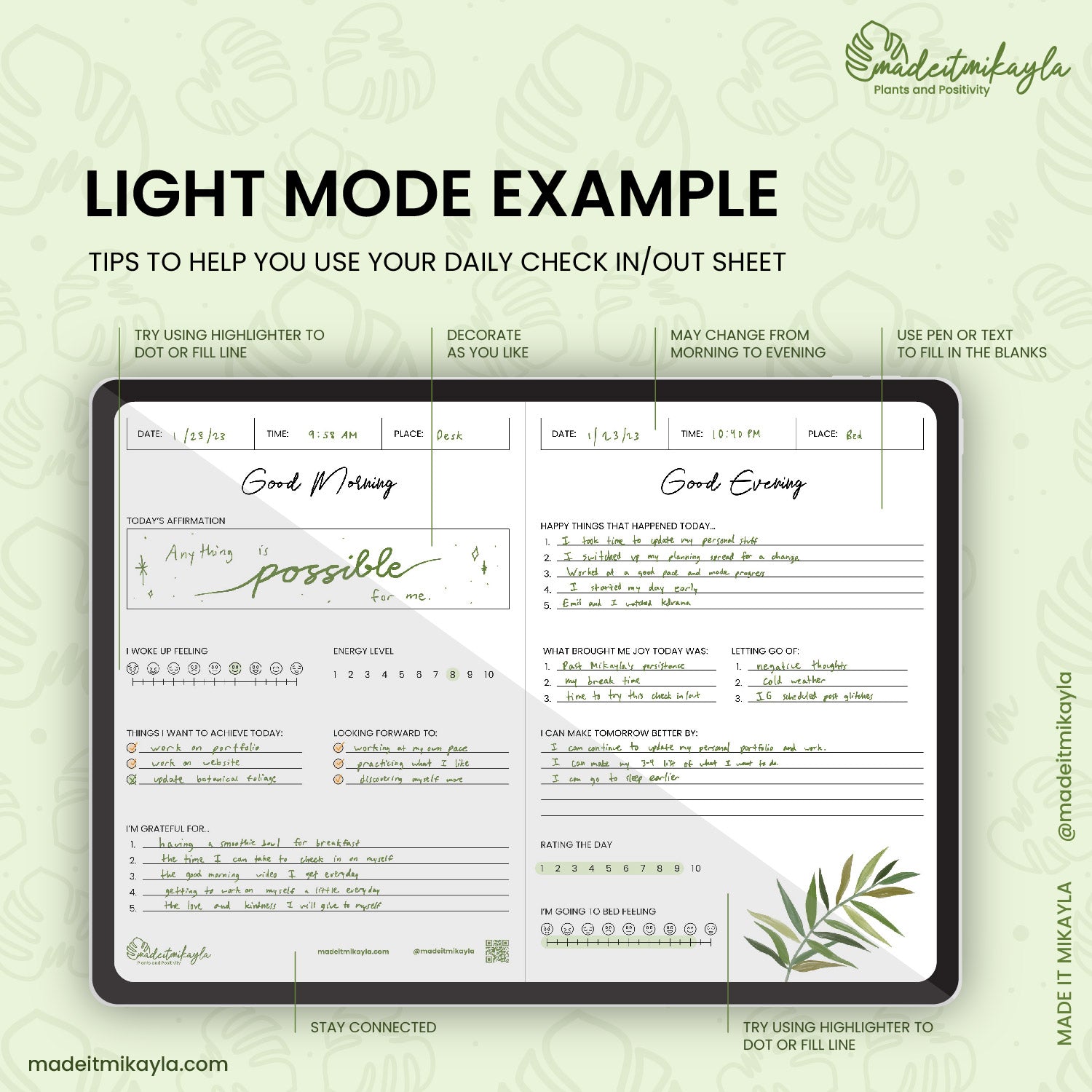 Daily Check In/Out (Light Mode) Digital Sheet | MadeItMikayla