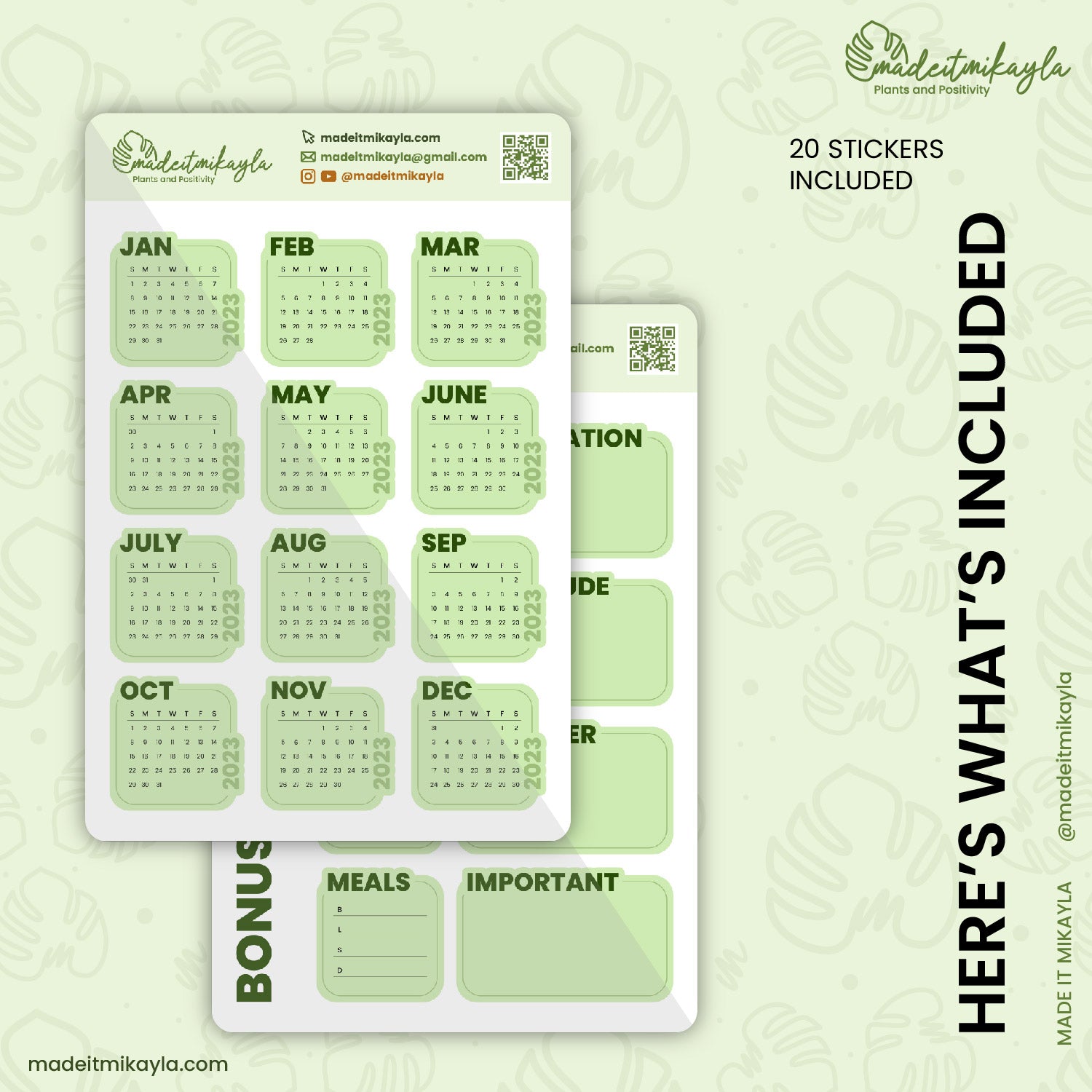 Green 2023 Calendars Digital Stickers | MadeItMikayla