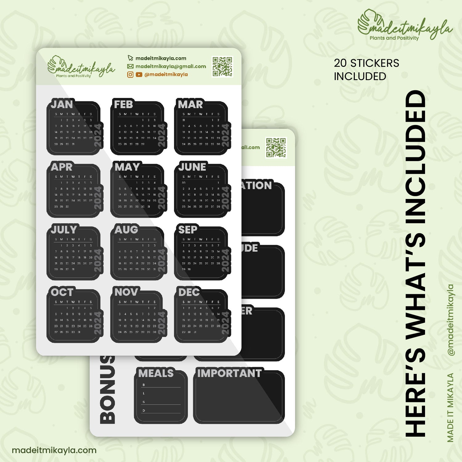 Black 2024 Calendars Digital Stickers | MadeItMikayla