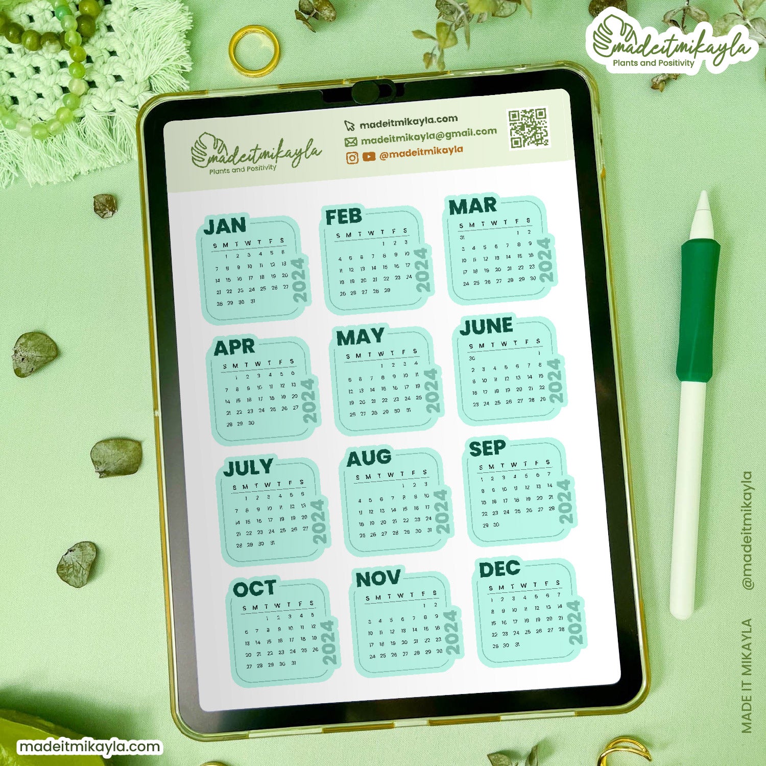 Teal 2024 Calendars Digital Stickers | MadeItMikayla