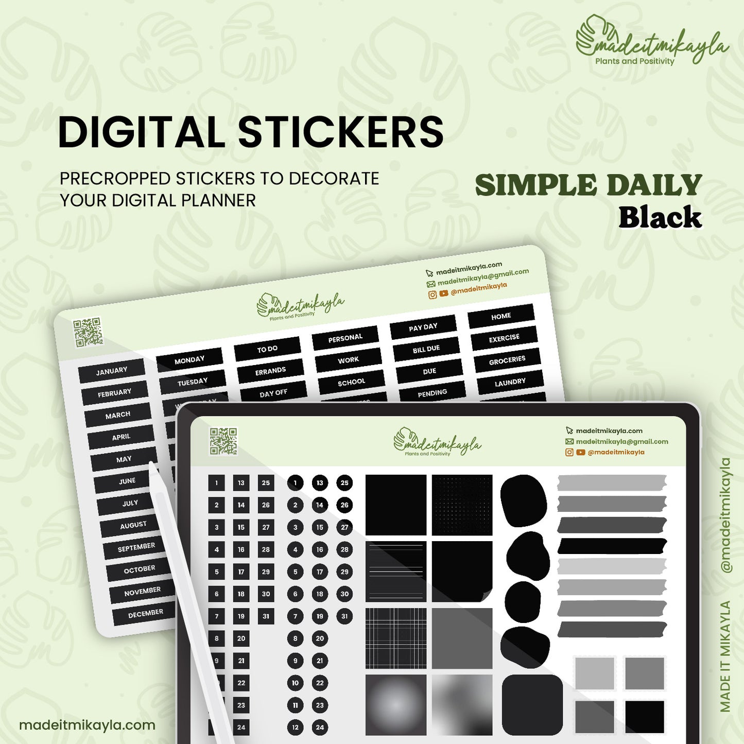 Black Simple Daily Digital Stickers | MadeItMikayla