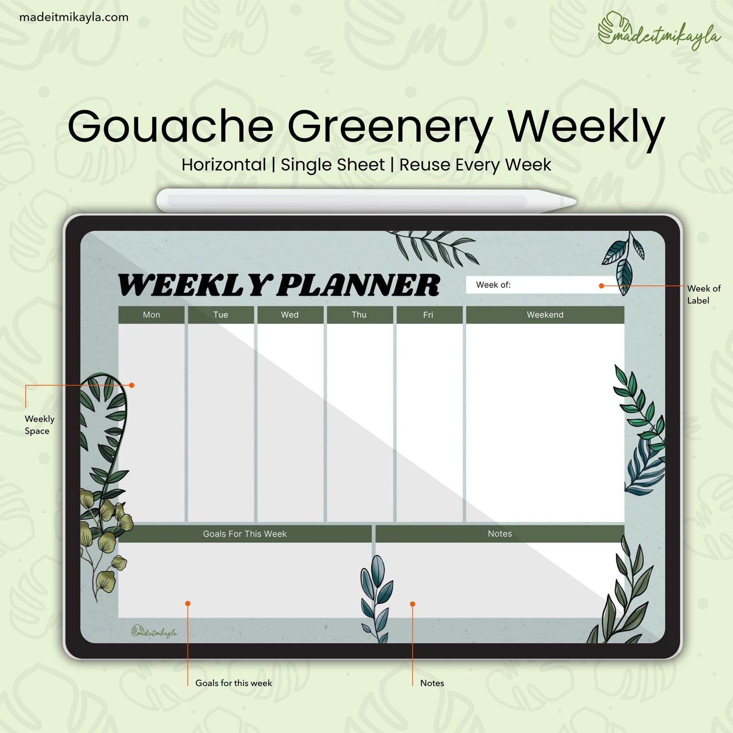 Gouache Greenery Weekly Digital Sheet