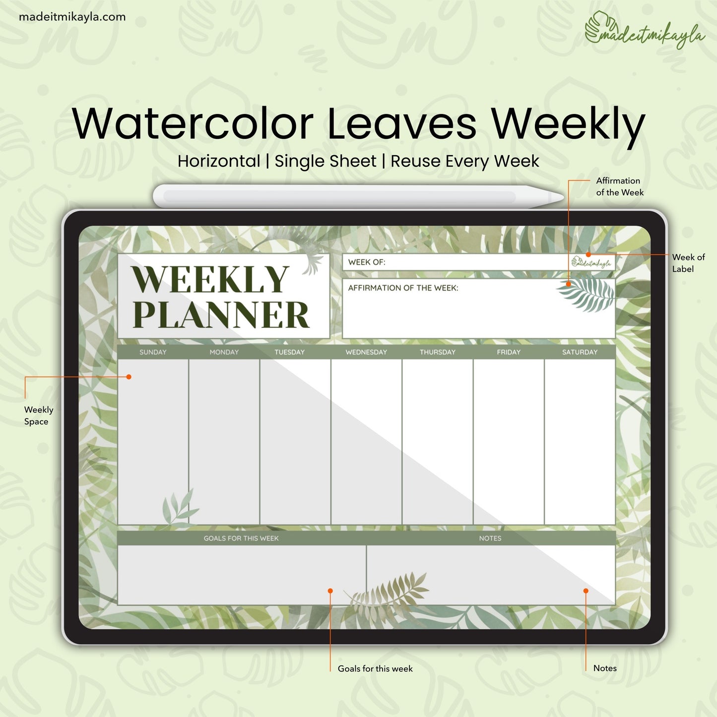 Watercolor Leaves Weekly Digital Sheet